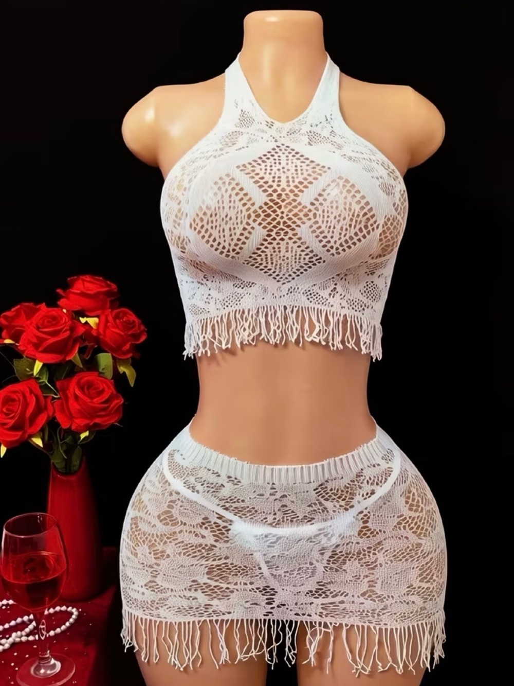 Women’s White Crochet Fringe Halter Crop Top & Skirt Two-Piece Set